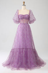 A-Linie Lila Korsett Ballkleid mit quadratischem Ausschnitt und halben Ärmeln